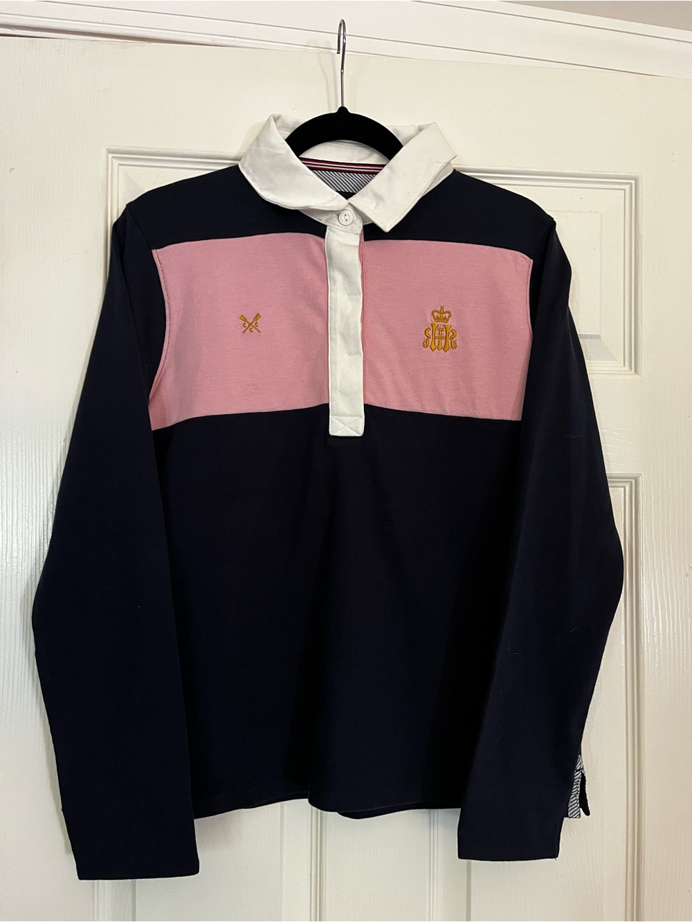 Long-Sleeve Rugby Polo Top in Navy and Pink with White Collar
